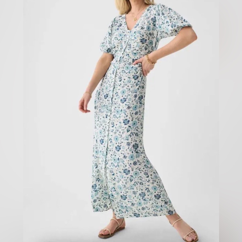 Faherty White Maxi Dress With Blue Floral Print